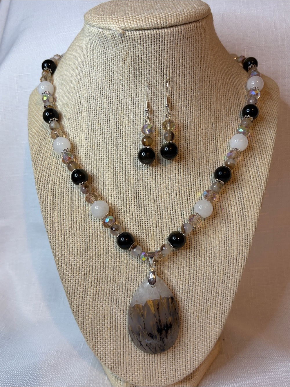 Handcrafted Agate, Golden Obsidian and White Jade Necklace and Earring Set